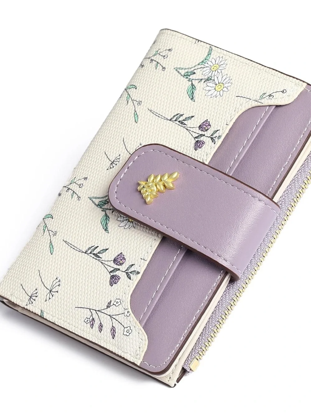 NWOT GAEKEAO Small Bifold Wallet Purple Wildflowers Faux Leather RFID Zipper